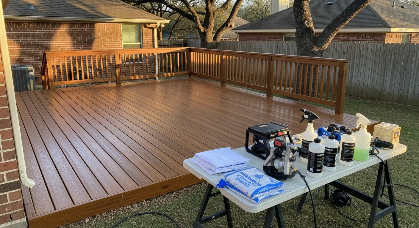 Protected residential deck with preserved wood surface and clear finish