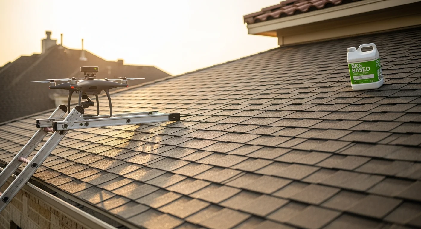Professional roof protection treatment application on residential asphalt shingle roof
