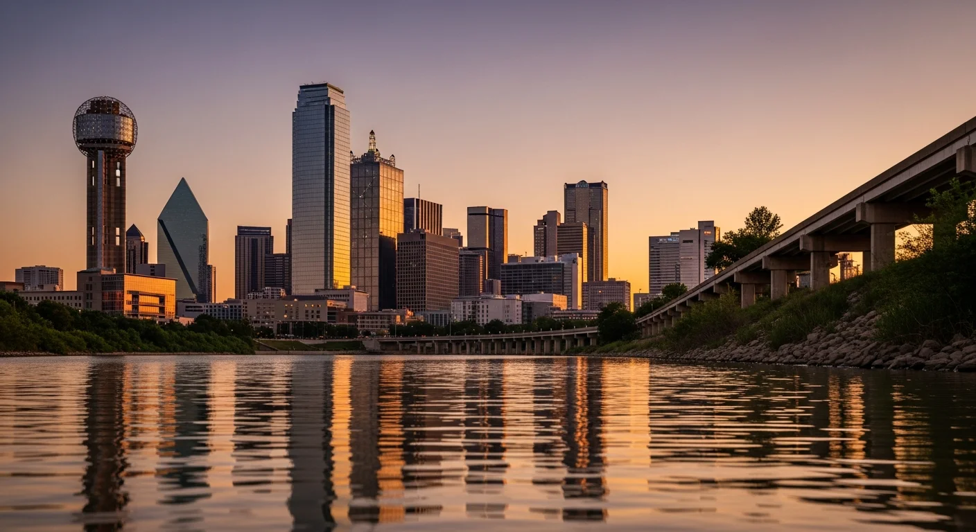 Wide view of Dallas skyline at dusk with downtown towers reflected in water, showing urban density and modern architecture.