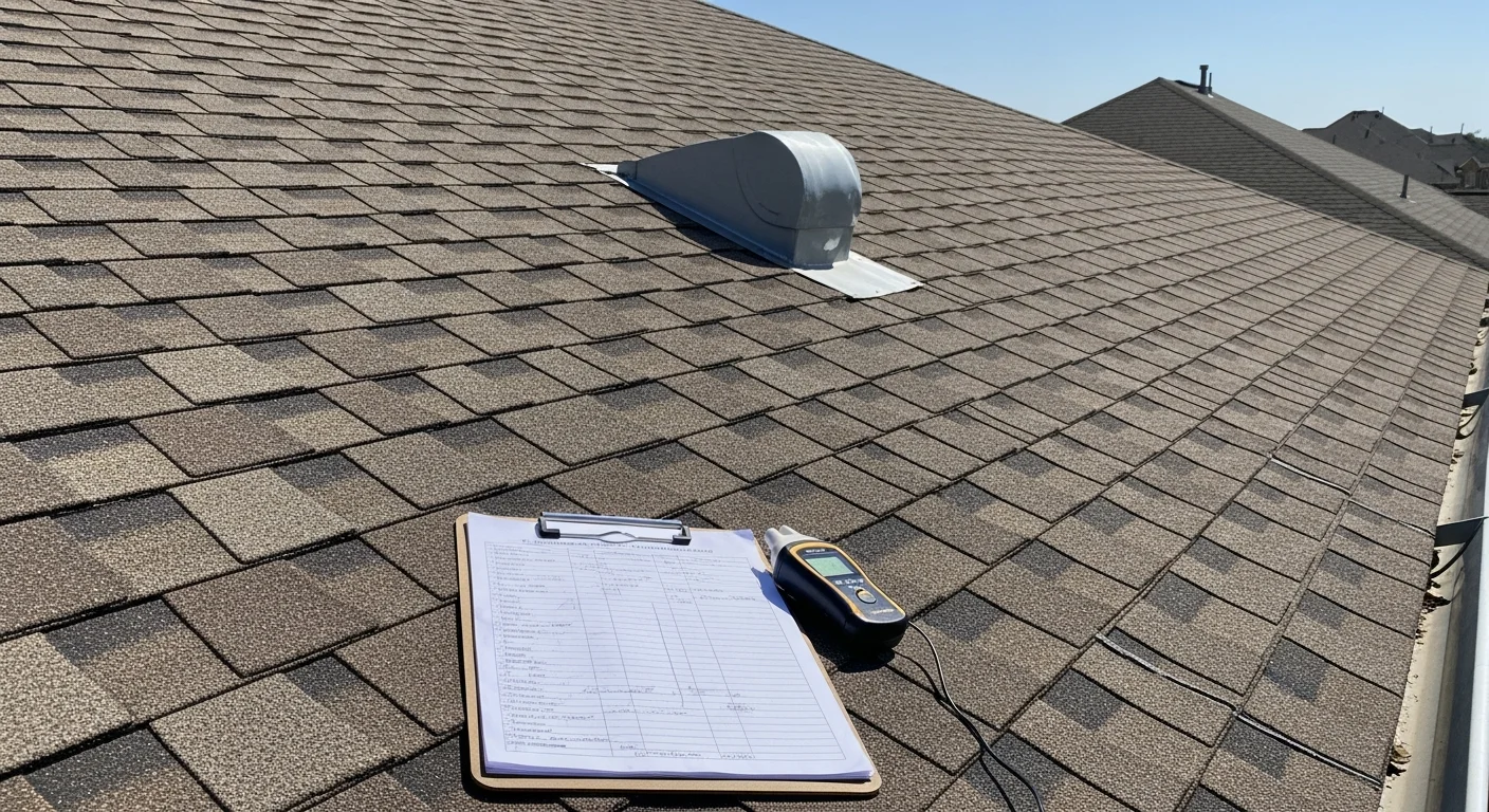 Close-up view of an asphalt shingle roof on a DFW residential home showing granule surface texture and flashing detail along a roof valley. A roofing contractor from Barrier Solution LLC inspects the shingle field for hail impact marks and heat-related edge curl.