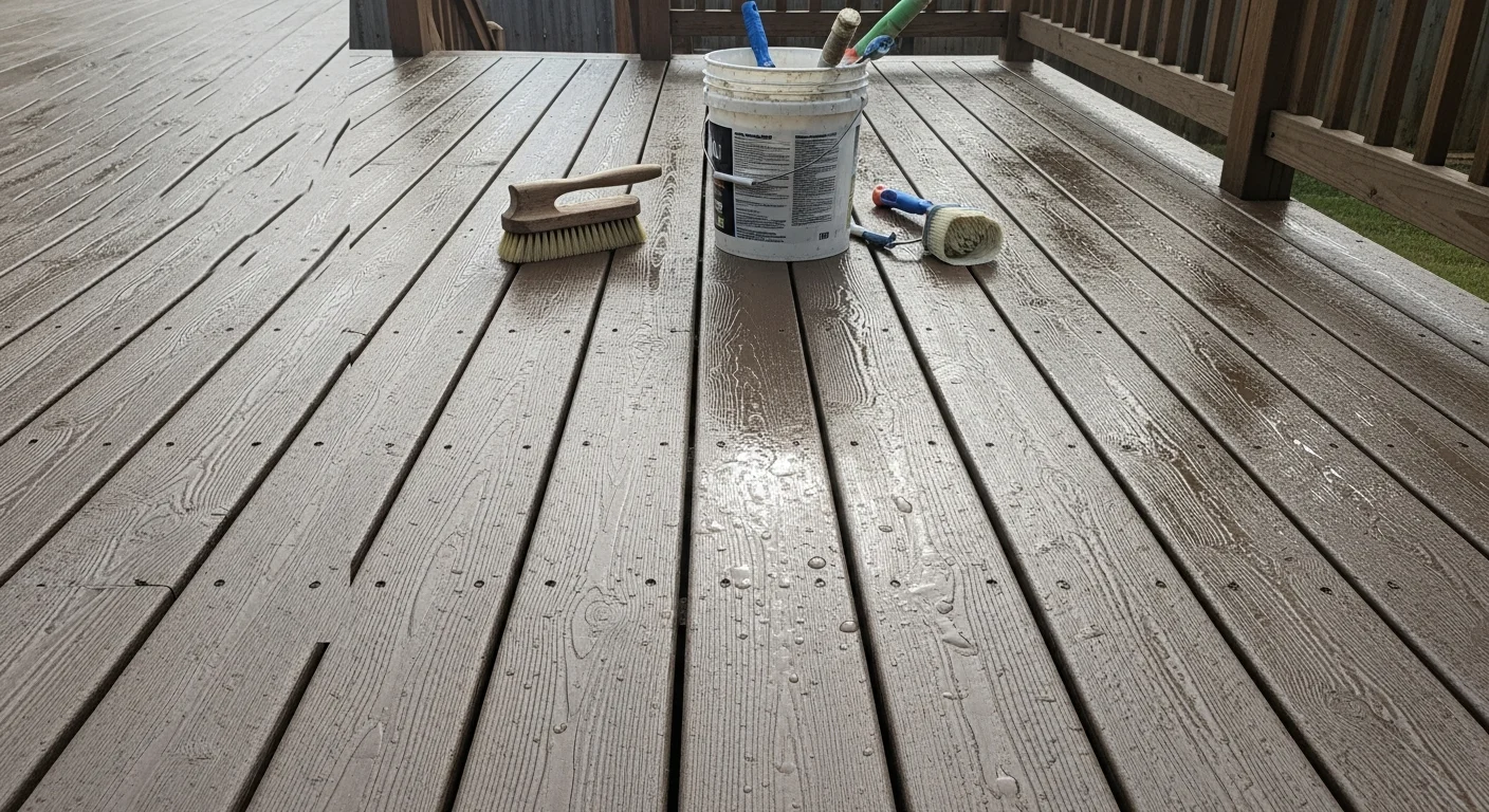 A clean composite deck surface on a DFW residential backyard after protective treatment, showing even color and no visible mold or staining. A deck builder from Barrier Solution LLC inspects the sealed board surface in bright North Texas sunlight.