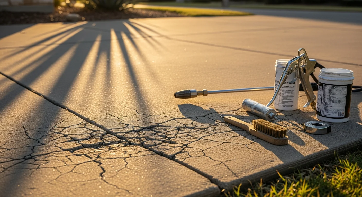 A freshly treated concrete driveway in a DFW residential neighborhood, showing a clean, sealed surface with no visible cracks or joint deterioration. The surrounding yard reflects typical North Texas clay soil landscaping.