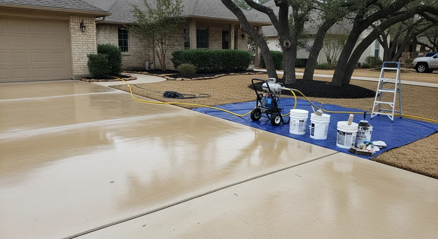 A freshly sealed residential concrete driveway in the DFW area showing an even, clean surface finish with no visible staining or cracking. The sealed slab reflects light evenly under a clear North Texas sky.