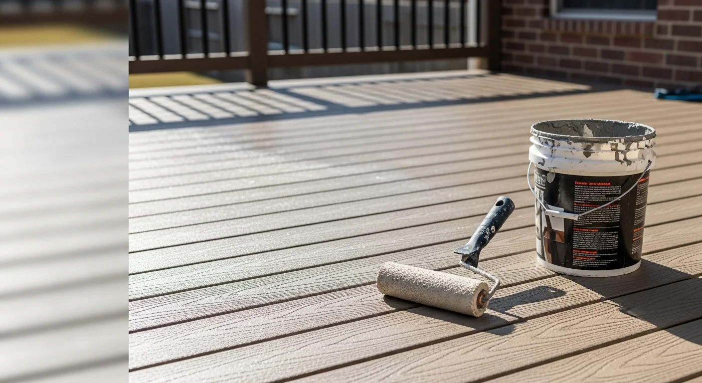 A freshly coated residential deck in the DFW area showing a smooth, even protective surface finish on wood planks. The deck extends from the back of a single-family home with a clear sealed surface ready for outdoor use.