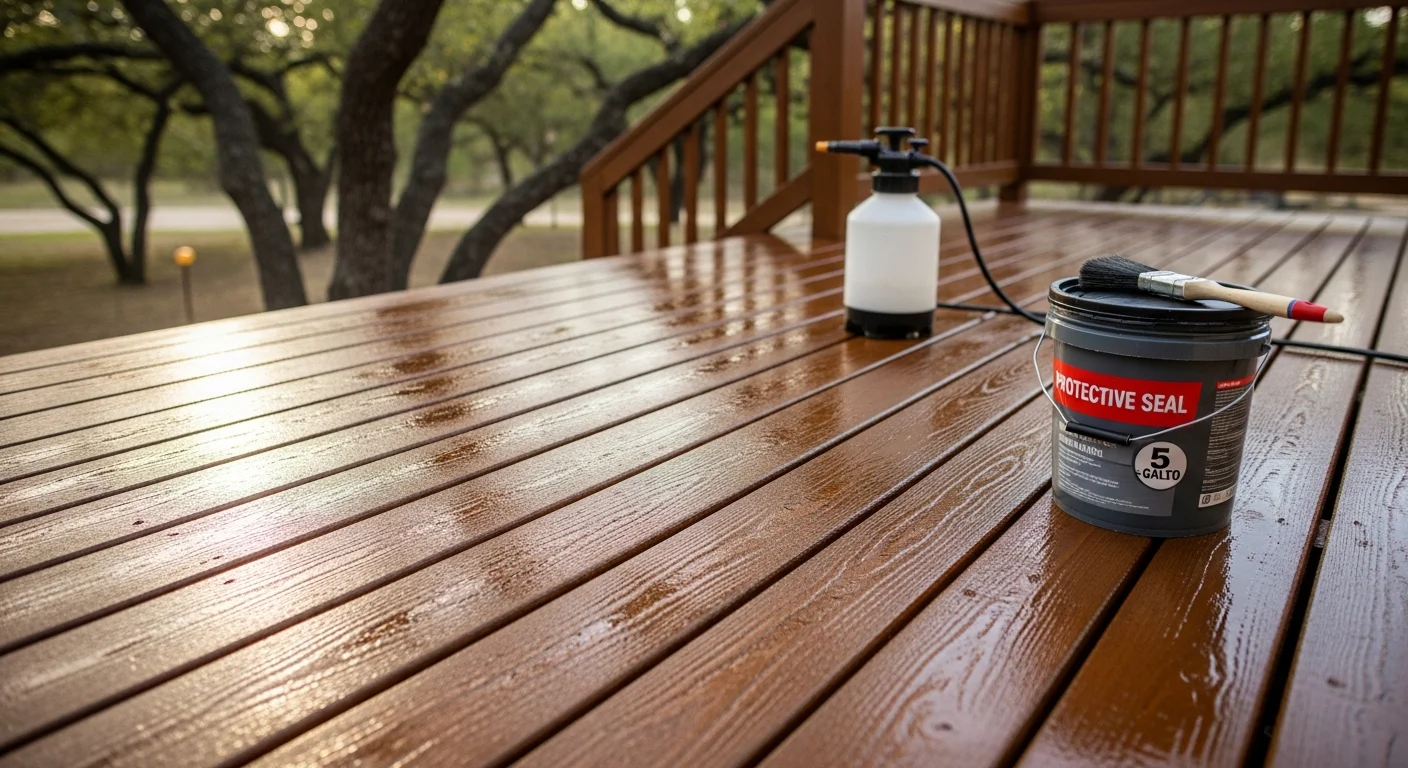 A freshly treated wood deck behind a DFW home, showing even stain coverage along the board grain with no visible cracking, graying, or mildew. A Barrier Solution LLC crew member applies protective sealer to the deck surface under a clear North Texas sky.