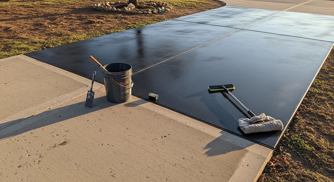 A freshly treated concrete driveway in front of a single-family home in the DFW Metroplex, showing a clean, even surface with no visible cracking or staining. A Barrier Solution LLC crew member applies a protective coating to the concrete in the foreground.