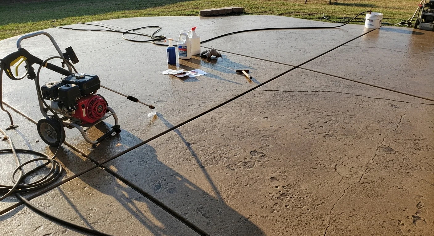 A concrete backyard patio in a DFW residential property showing a clean, sealed surface with no visible cracking or staining. A concrete contractor from Barrier Solution LLC applies a protective surface treatment to preserve the slab against North Texas heat and clay soil movement.