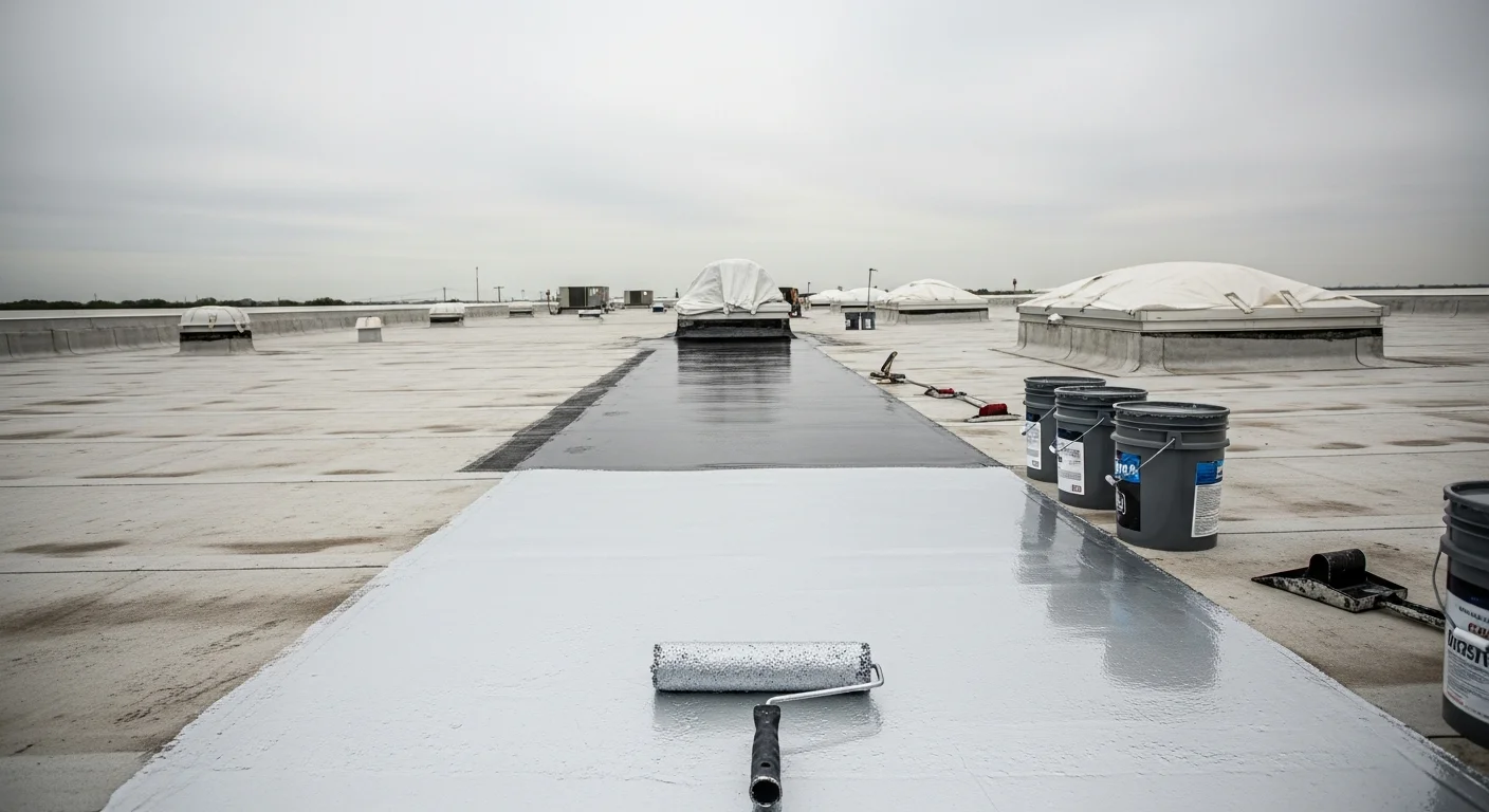 A flat commercial roof in the DFW area with a freshly applied white reflective coating covering the full surface. A roofing contractor from Barrier Solution LLC is visible near the roofline, completing the coating application on a low-slope membrane roof.