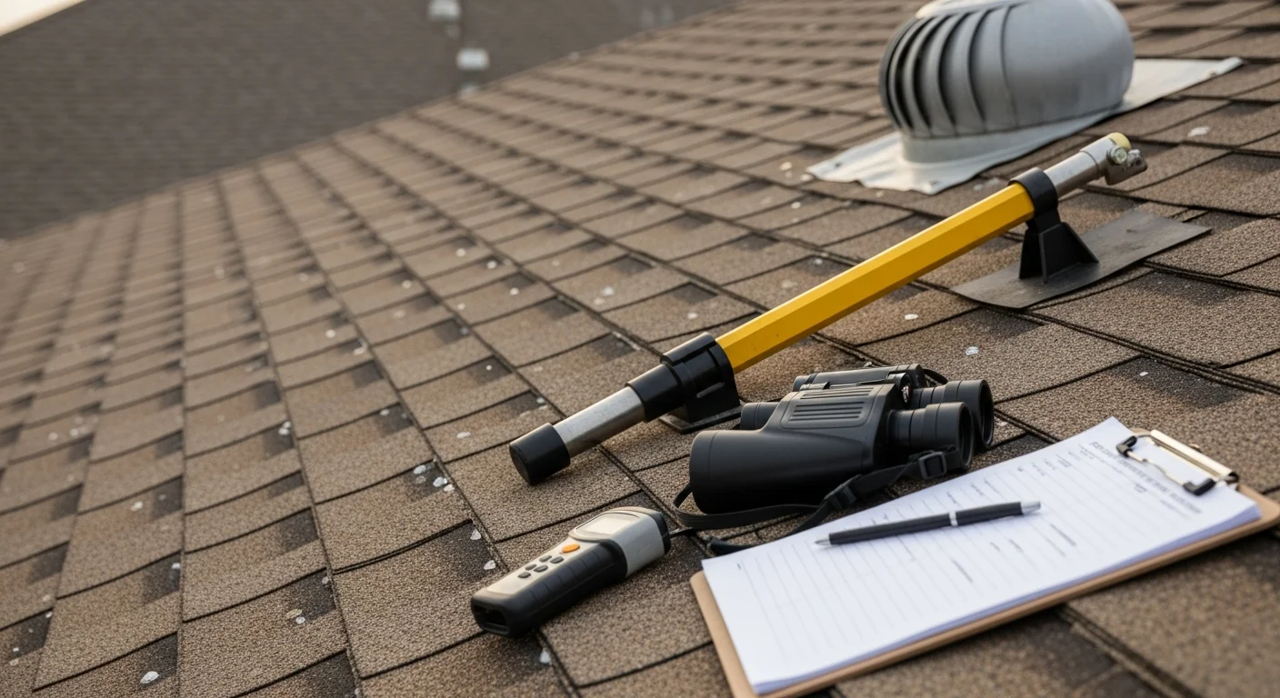 A roofing contractor from Barrier Solution LLC performing a close-up inspection of asphalt shingles on a residential roof in the DFW area, checking for hail bruising and granule loss. The image shows the contractor kneeling on the roof surface with a North Texas suburban neighborhood visible in the background.