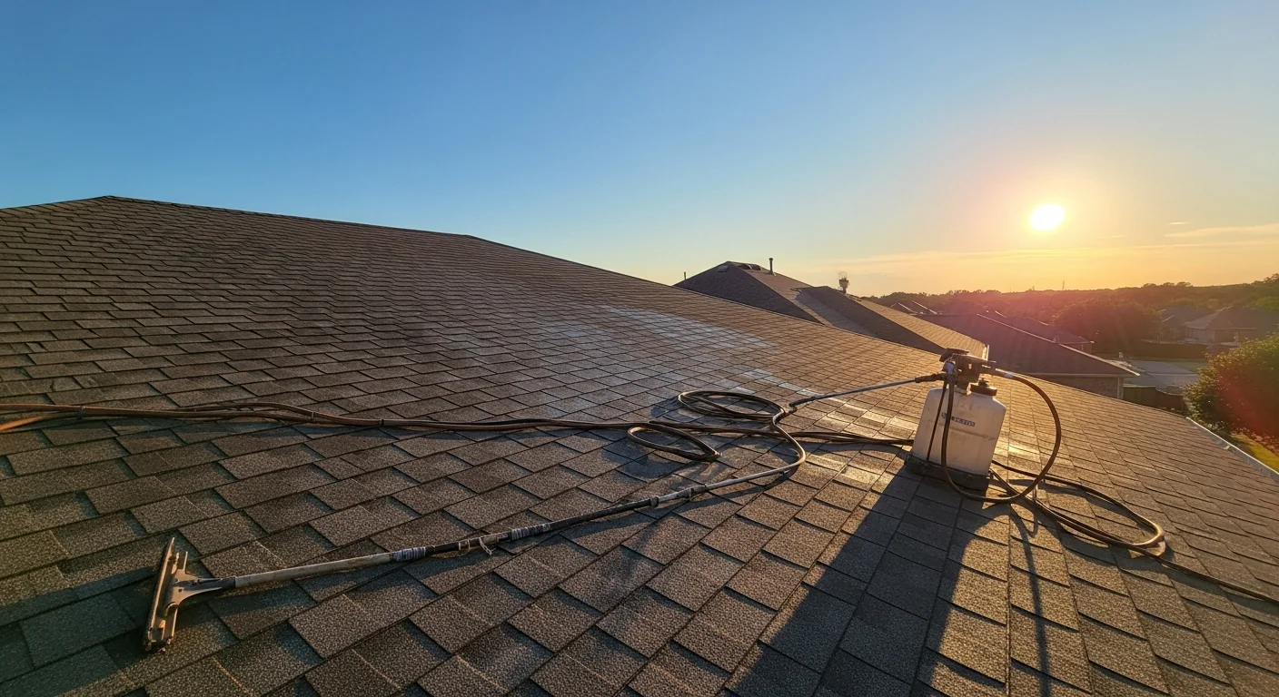 A DFW residential rooftop with asphalt shingles receiving a roof preservation treatment application by a Barrier Solution LLC technician. The image shows the treated surface in contrast with weathered, granule-depleted areas typical of North Texas heat and hail exposure.