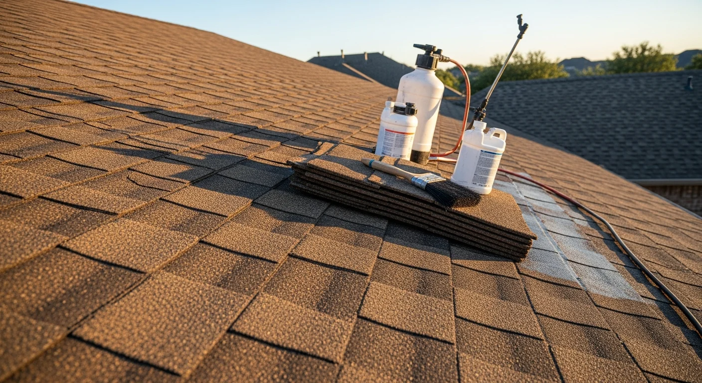 A DFW-area residential roof with aging asphalt shingles being inspected and treated as part of a shingle life extension service. Close-up view shows shingle surface condition typical of North Texas heat and weather exposure.