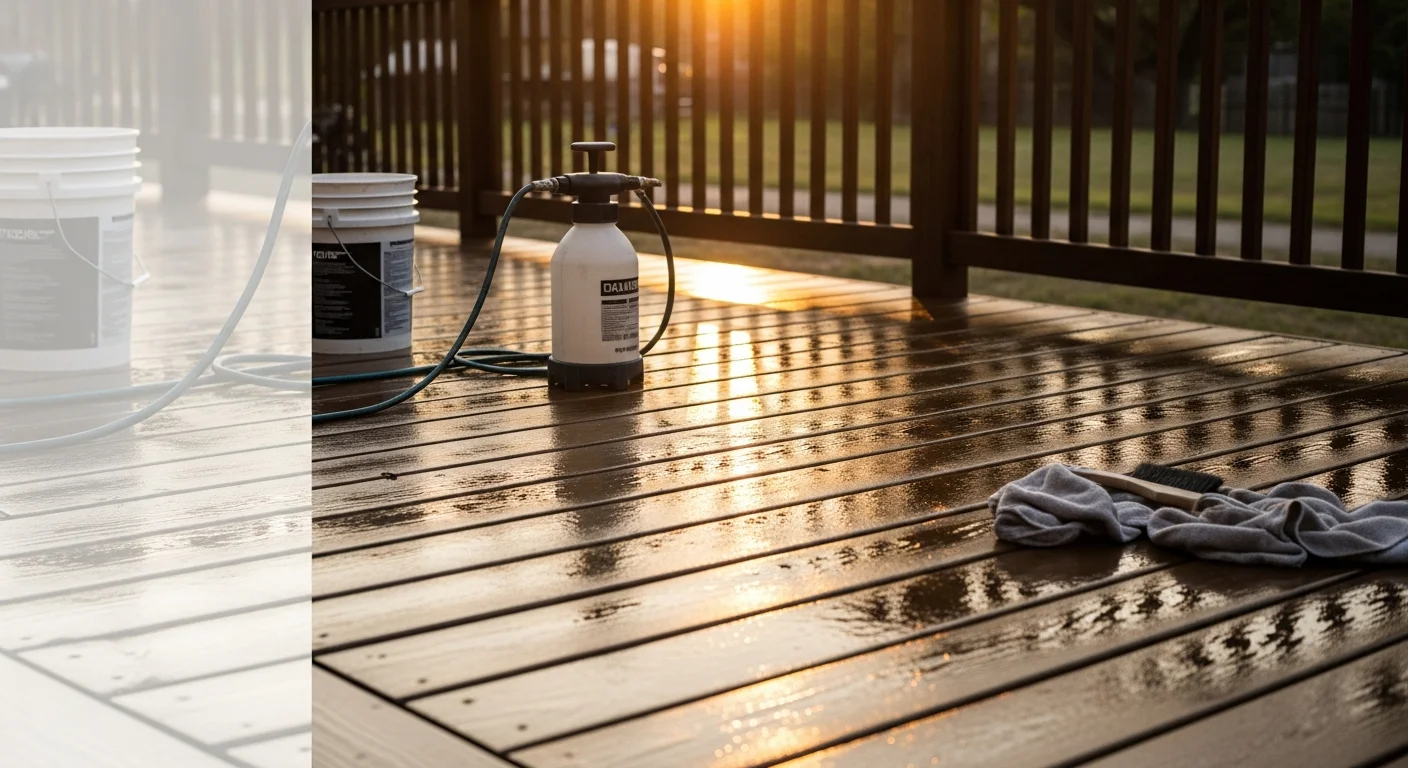 A freshly preserved wood deck on a DFW-area home showing clean, evenly sealed boards with no visible graying, cracking, or surface mildew. The deck surface reflects a uniform protective finish applied by Barrier Solution LLC against the backdrop of a North Texas backyard.